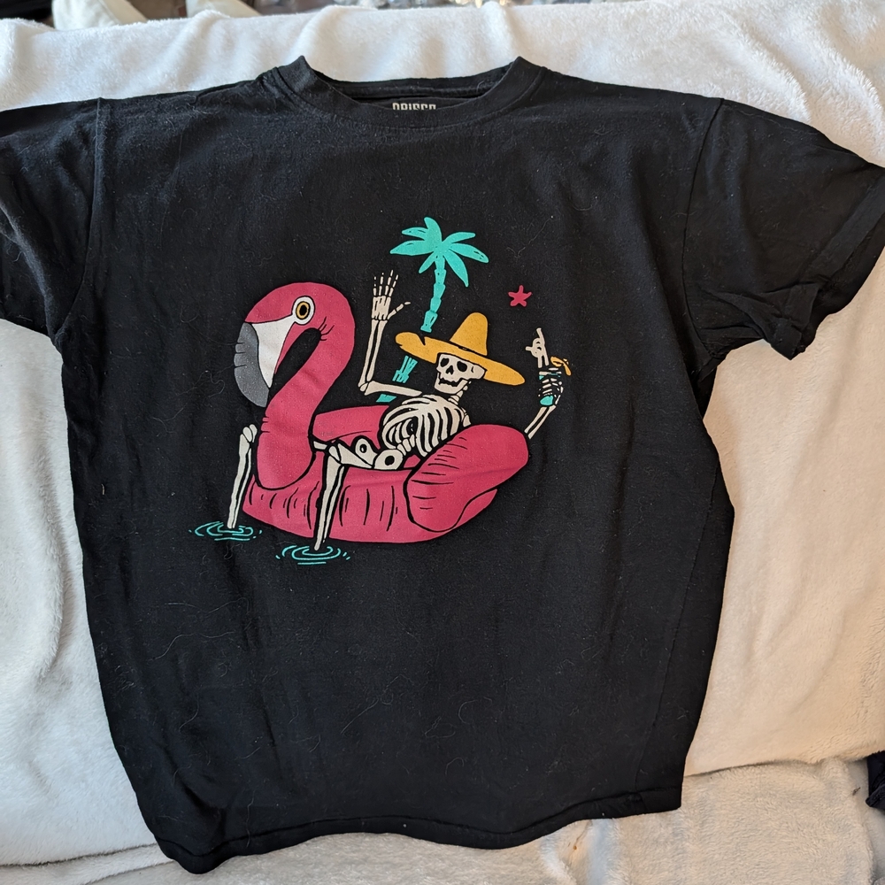 Black T-Shirt with Skeleton and Flamingo Graphic